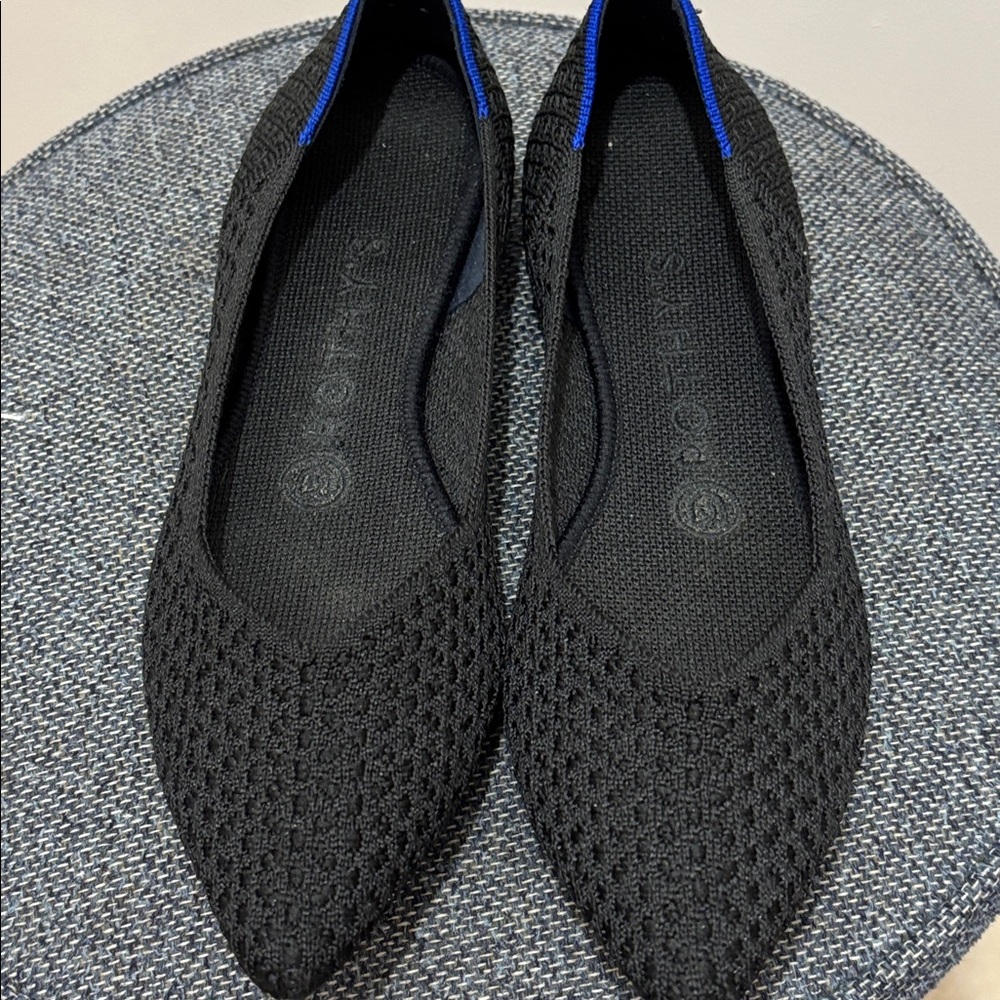 Rothy's Black Knit Pointed Toe Flats with Blue Trim